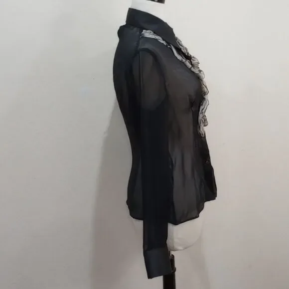 Just Cavalli Sheer Black Silk Blouse with Leopard Ruffle & Satin Trim - 44 / L - Picture 6 of 11